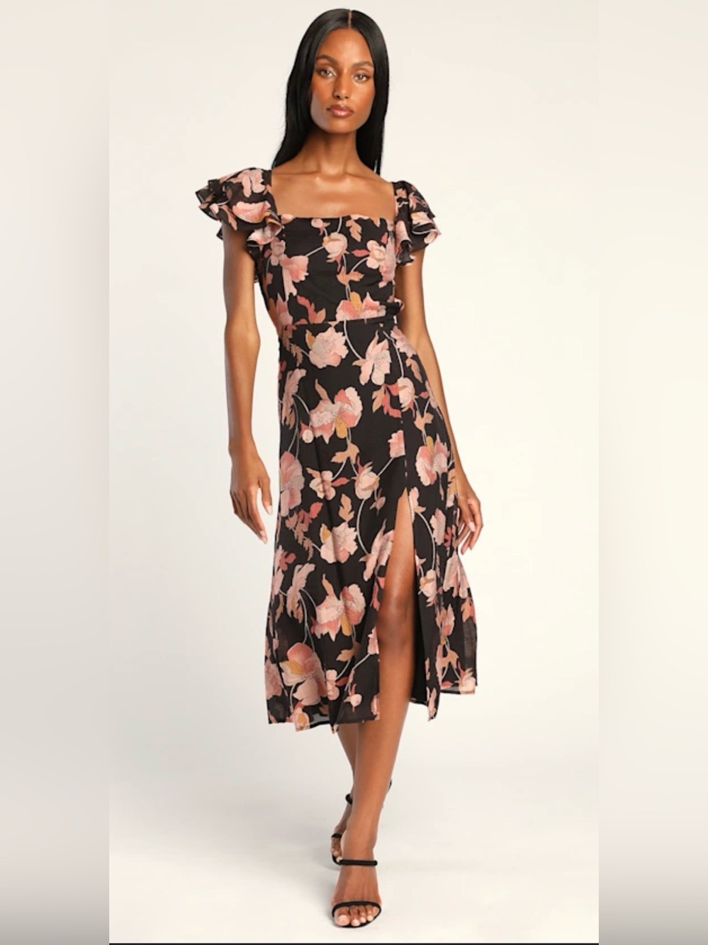 Lulu's Black Midi Dress with Blush Floral Print